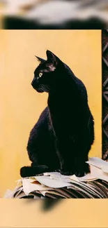 Elegant black cat sits against a vibrant yellow wall, creating a striking contrast.