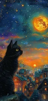 Black cat under a vibrant, starry night sky with a glowing moon.