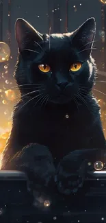 Black cat with golden eyes among glowing bubbles in dim light.