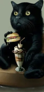 Whimsical black cat with burger and shake art wallpaper.