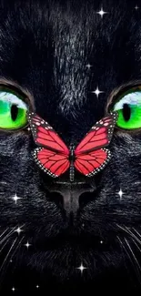 Black cat with green eyes and a red butterfly on its nose.