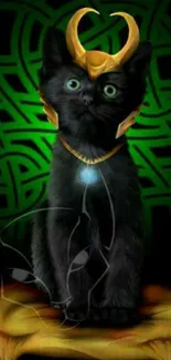 Black cat with golden helmet on green background.