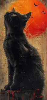 Black cat sits gracefully against a bold red moon on a dark background.