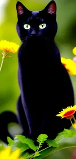 Black cat with green eyes amidst colorful flowers.