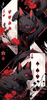 Mystical black cats with playing cards and red flowers.