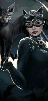 Catwoman with black cat under a crescent moon wallpaper.