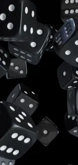 Dynamic black dice with white dots against a black background.