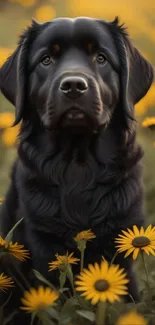 Black dog among yellow sunflowers in a field, serene wallpaper.