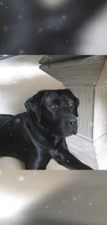 Relaxed black Labrador indoors with a serene background.