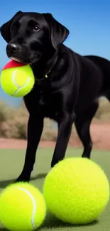 Black dog holding a tennis ball outdoors with vibrant yellow and blue hues.