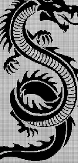 Black dragon design on a pixelated grey background.