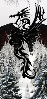 Majestic black dragon flying over a snowy forest.