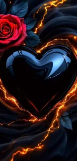 Glossy black heart with a red rose and electric patterns.