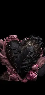 Black heart surrounded by pink roses and feathers.