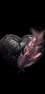 Elegant black heart with feather on dark background wallpaper.