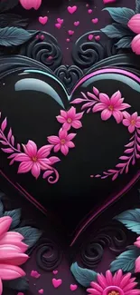 Black heart with pink flowers on a floral background wallpaper.