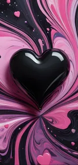 Black heart on pink swirling background wallpaper.