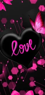 Black heart with pink 'love' and butterfly on digital background.
