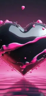 A vibrant black heart with pink splashes on a pink background.