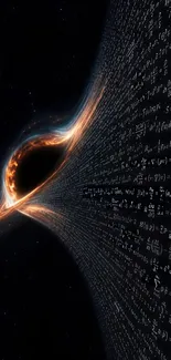 Black hole with glowing edges and mathematical equations on a dark background.