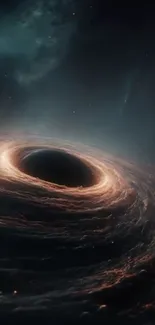 A mesmerizing dark swirling black hole in deep space.