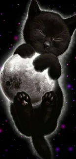 Black kitten hugging the moon with a cosmic background.