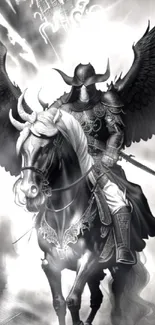 Knight with wings on horseback in black and white artwork.