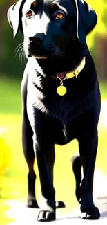 Black Labrador in a sunlit outdoor setting with vibrant colors.