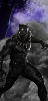 Black Panther in action against a dark, misty backdrop.