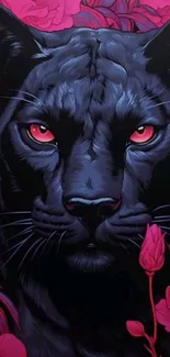 Illustrated black panther with red eyes amid magenta floral background.