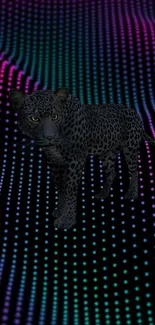 Black panther on a neon grid wallpaper with vibrant colors.