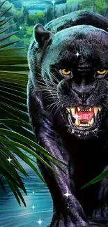 Fierce black panther in a lush jungle setting, intense and captivating image.