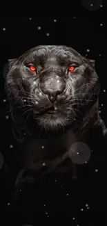 Black panther with glowing red eyes at night.