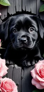 Black puppy peeking through wood surrounded by pink roses.