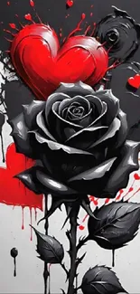 Black rose and red heart artistic phone wallpaper.