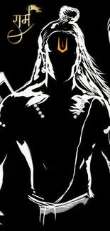 Black silhouette of warrior art wallpaper with white outlines.