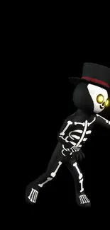 Black skeleton with a top hat on a dark background for mobile wallpaper.