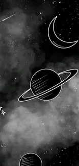 Black and white galaxy wallpaper featuring planets and stars.