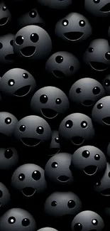 Dark wallpaper with black smiley spheres in pattern.