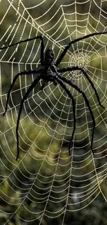 Black spider sits on a detailed web with a green background.