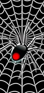 Black spider on white web wallpaper with red accent.