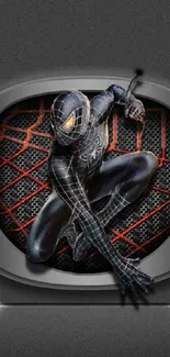 Black-suited superhero on web-themed background.
