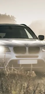 A black SUV parked in a misty field with trees in the background.