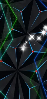 Abstract geometric wallpaper with neon lines and sparkles.