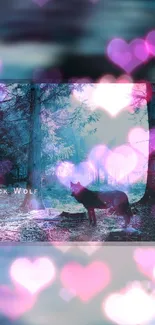 Mystical black wolf in a dreamy forest with purple heart accents.