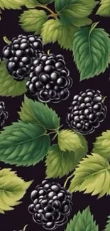 Seamless pattern of blackberries and green leaves on a dark background.