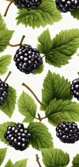 Patterned wallpaper with blackberries and green leaves.