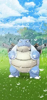 Blastoise in a rainy scene wallpaper with nature backdrop.