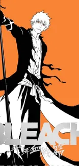 Bleach character with sword on orange anime wallpaper.