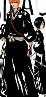 Bleach anime characters in black robes with swords on white background.